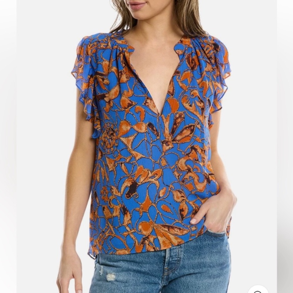 A.L.C. June 100% Silk Blouse Flutter Sleeve Orange‎ Blue V-Neck Size 2